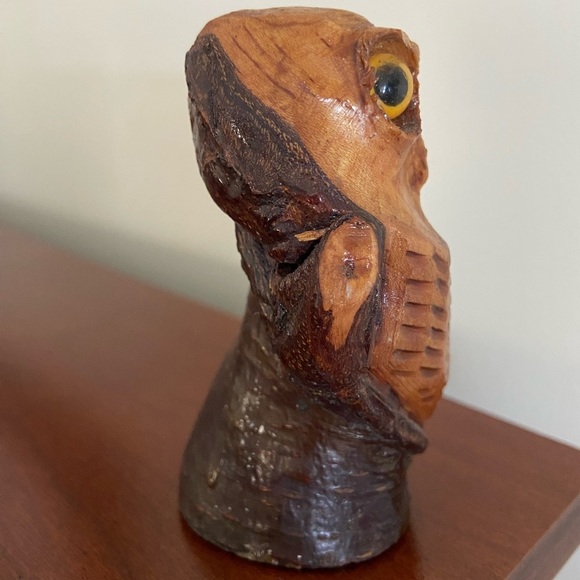 Hand Carved Wood Root OWL sculpture with glass eyes Vintage - Picture 2 of 7